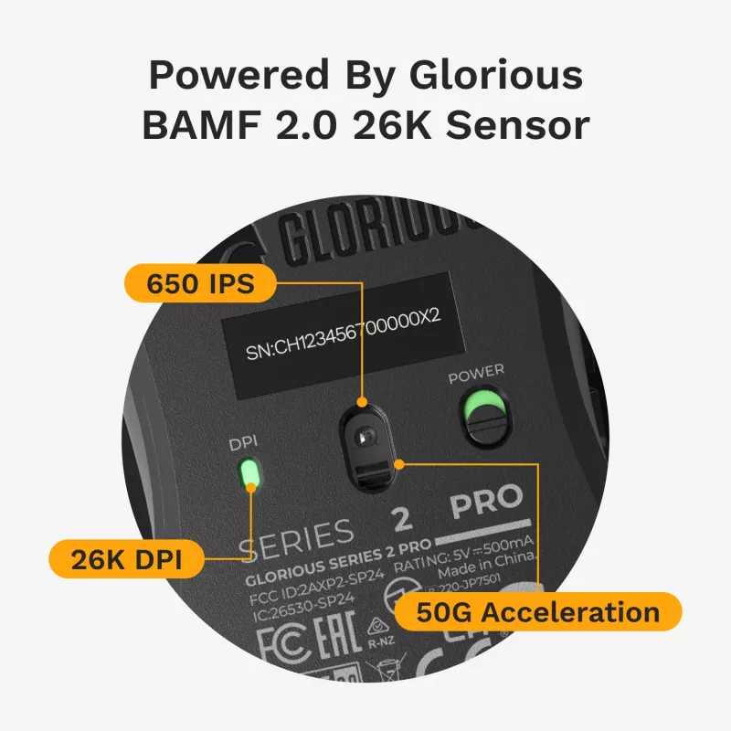 Kabellose Gaming-Maus GLORIOUS Series 2 PRO (für Rechtshänder) – 26.000 DPI, RF Wireless + USB‑C, 4K/8K Hz, 6 Tasten, Schwarz