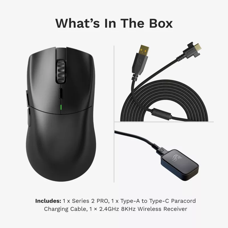 Kabellose Gaming-Maus GLORIOUS Series 2 PRO (für Rechtshänder) – 26.000 DPI, RF Wireless + USB‑C, 4K/8K Hz, 6 Tasten, Schwarz