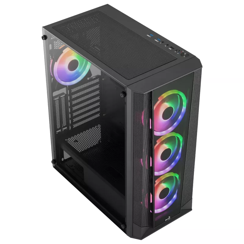 Aerocool PRISMBKV3 PC-Gehäuse ATX Schwarz 4 Lüfter ARGB Frontseite Seite aus gehärtetem Glas