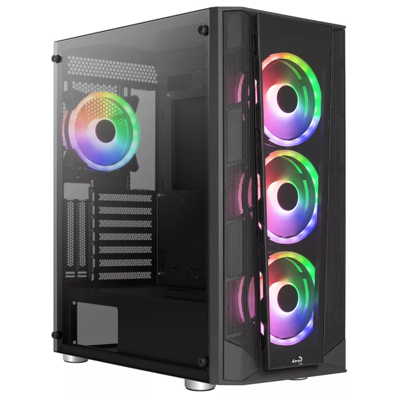 Aerocool PRISMBKV3 PC-Gehäuse ATX Schwarz 4 Lüfter ARGB Frontseite Seite aus gehärtetem Glas