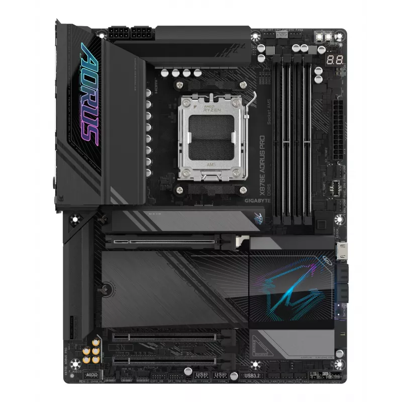 GIGABYTE X870E AORUS PRO Mainboard - Unterstützt AMD Ryzen 9000 CPUs, 16+2+2 Phasen Digital VRM, bis zu 8000MHz DDR5 (OC), 3xPCIe 5.0 + 1xPCIe 4.0, Wi-Fi 7, 2.5GbE LAN, USB 4