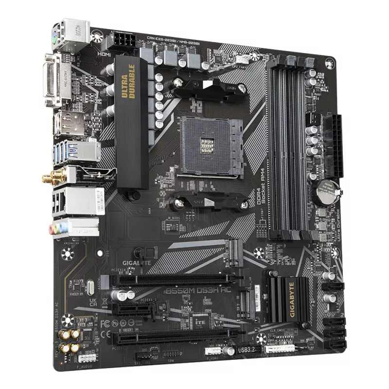 GIGABYTE B550M DS3H AC Motherboard - AMD Ryzen 5000 CPUs, 5+3 Phasen VRM, bis zu 4733 MHz DDR4, 1xPCIe 4.0 + 1xPCIe 3.0 M.2, Wi-Fi 5, 1 GbE LAN, USB 3.2 Gen 1