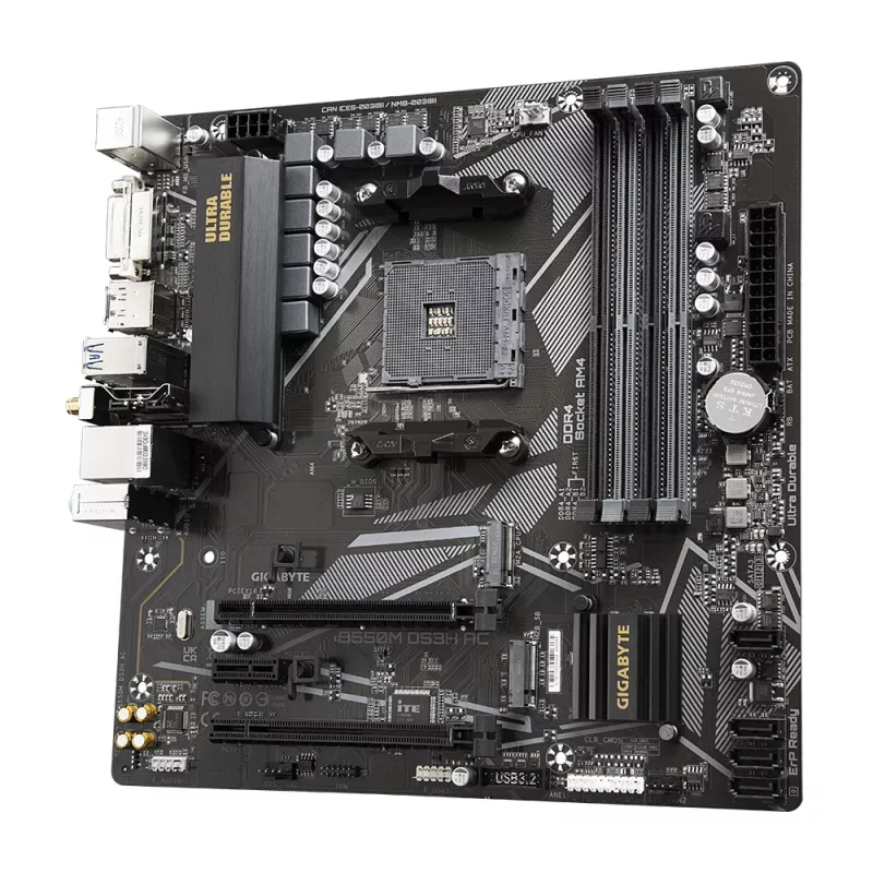 GIGABYTE B550M DS3H AC Motherboard - AMD Ryzen 5000 CPUs, 5+3 Phasen VRM, bis zu 4733 MHz DDR4, 1xPCIe 4.0 + 1xPCIe 3.0 M.2, Wi-Fi 5, 1 GbE LAN, USB 3.2 Gen 1