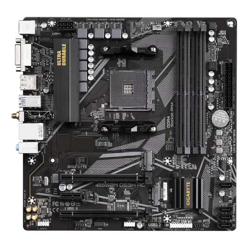 GIGABYTE B550M DS3H AC Motherboard - AMD Ryzen 5000 CPUs, 5+3 Phasen VRM, bis zu 4733 MHz DDR4, 1xPCIe 4.0 + 1xPCIe 3.0 M.2, Wi-Fi 5, 1 GbE LAN, USB 3.2 Gen 1