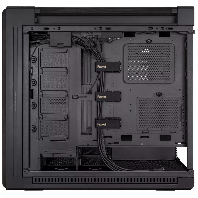 PC-Gehäuse ASUS ProArt PA602 Wood Edition Midi Tower Schwarz — EATX-Unterstützung, 45 cm GPU, 19 cm Netzteil/Kühler, 8 HDD-Schächte, USB-C
