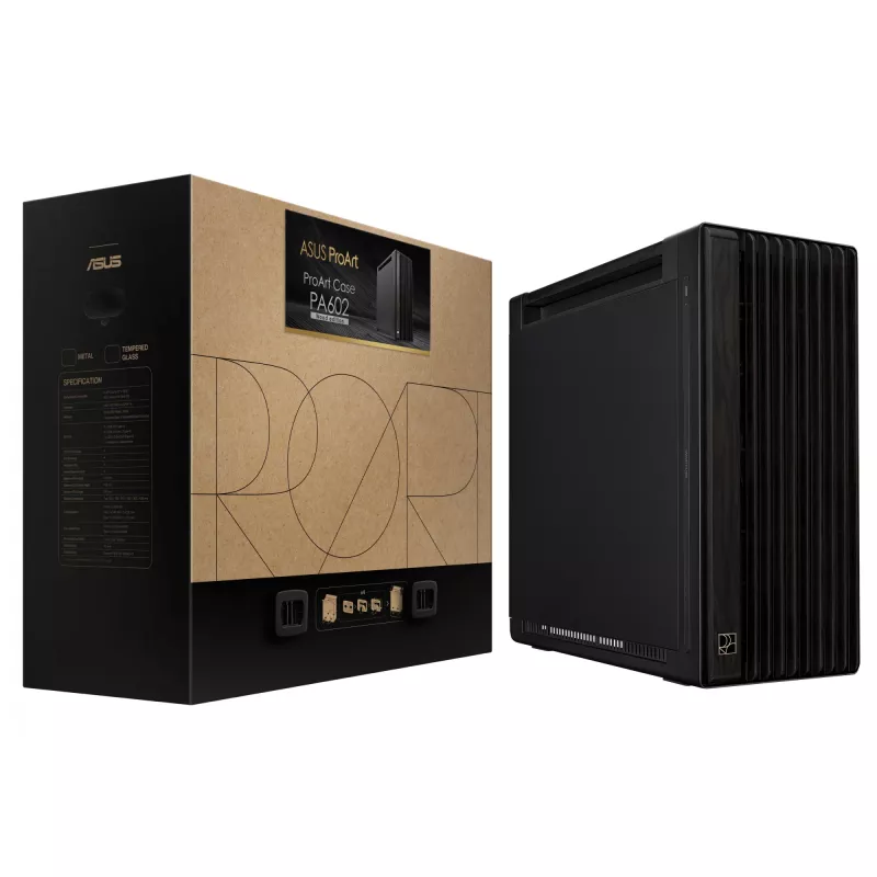 PC-Gehäuse ASUS ProArt PA602 Wood Edition Midi Tower Schwarz — EATX-Unterstützung, 45 cm GPU, 19 cm Netzteil/Kühler, 8 HDD-Schächte, USB-C