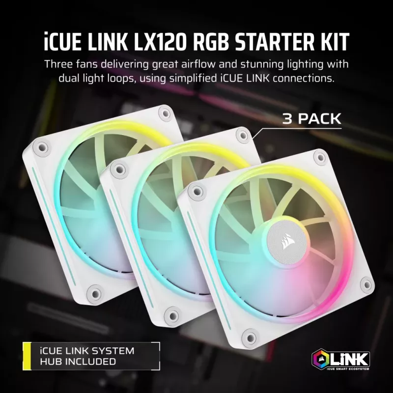 CORSAIR Icue Link Lx120 RGB 120mm Pwm Lüfter Starter Kit - Weiß