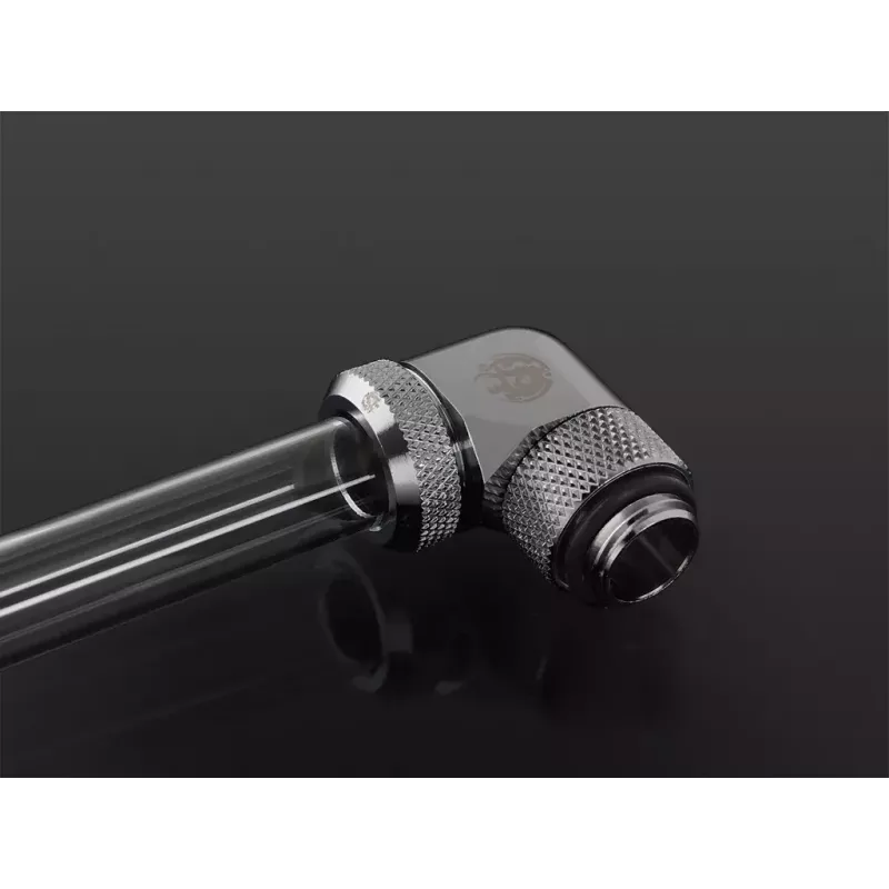 Flüssigkeitskühlungs-Anschlussstück BitsPower BP-E90RML — 90°-Drehgelenk aus Messing, 1/4-Zoll-Gewinde, silber