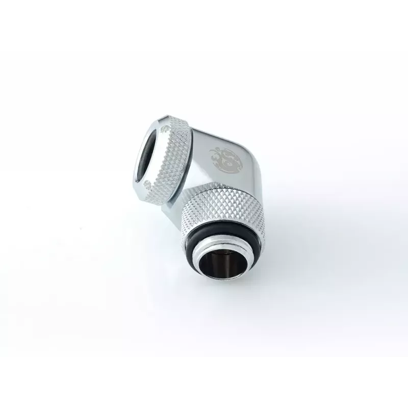 Flüssigkeitskühlungs-Anschlussstück BitsPower BP-E90RML — 90°-Drehgelenk aus Messing, 1/4-Zoll-Gewinde, silber