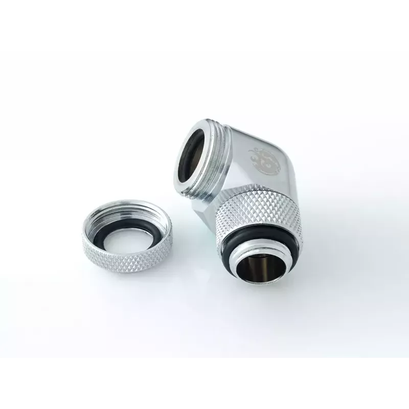Flüssigkeitskühlungs-Anschlussstück BitsPower BP-E90RML — 90°-Drehgelenk aus Messing, 1/4-Zoll-Gewinde, silber