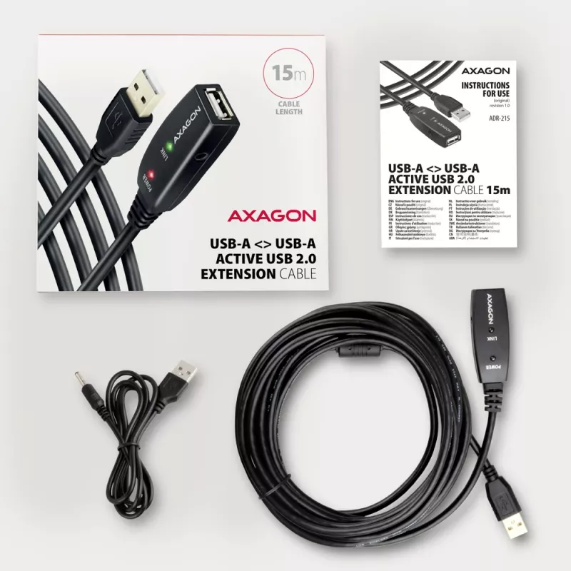 Axagon ADR-215 USB 2.0 A-M -> A-F aktives Verlängerungs-/Repeaterkabel 15 m