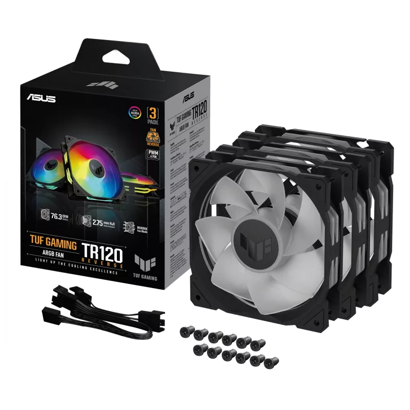 Lüfter ASUS TUF Gaming TR120 ARGB Reverse Triple Pack — 3×120 mm, 2200 U/min, PWM, 2,75 mmH2O, 16 LEDs, Schwarz