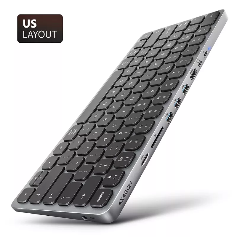 Axagon HMC-KB-US, USB 5Gbps Hub mit Tastatur, HDMI 4K/60Hz, 3x USB-A, SD/mSD, Audio, PD 100, US-Layout
