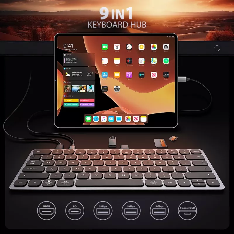 Axagon HMC-KB-US, USB 5Gbps Hub mit Tastatur, HDMI 4K/60Hz, 3x USB-A, SD/mSD, Audio, PD 100, US-Layout