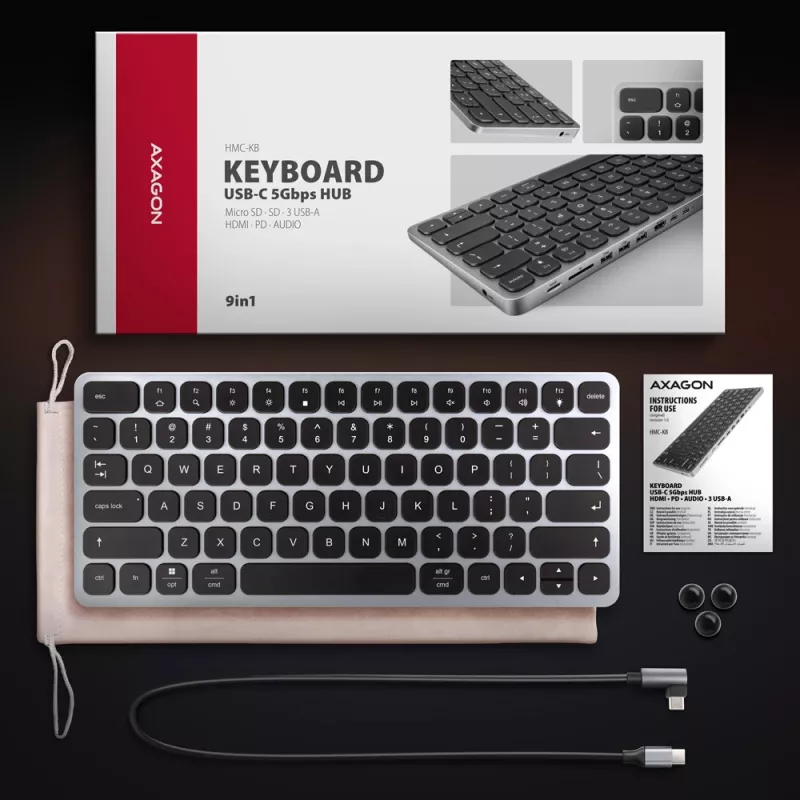 Axagon HMC-KB-US, USB 5Gbps Hub mit Tastatur, HDMI 4K/60Hz, 3x USB-A, SD/mSD, Audio, PD 100, US-Layout