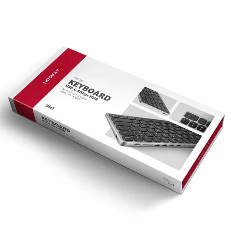 Axagon HMC-KB-US, USB 5Gbps Hub mit Tastatur, HDMI 4K/60Hz, 3x USB-A, SD/mSD, Audio, PD 100, US-Layout