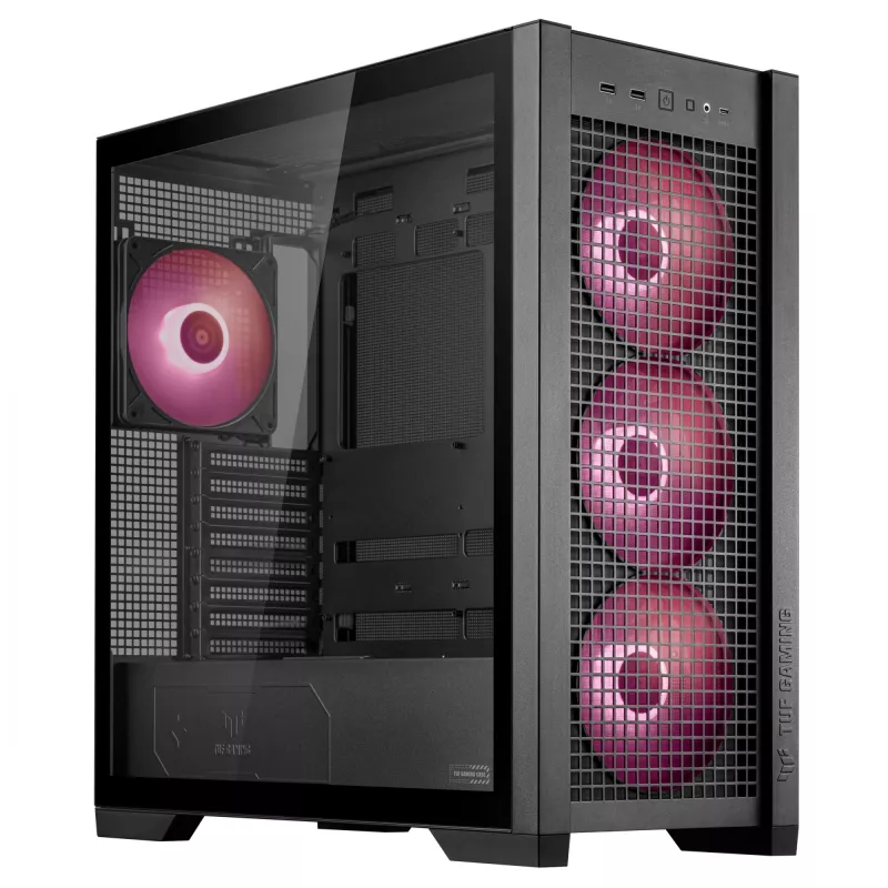 PC-Gehäuse ASUS TUF Gaming GT302 ARGB Midi Tower Schwarz — Hartglas, 3x140mm Front + 1x140mm Rückseite, USB-C