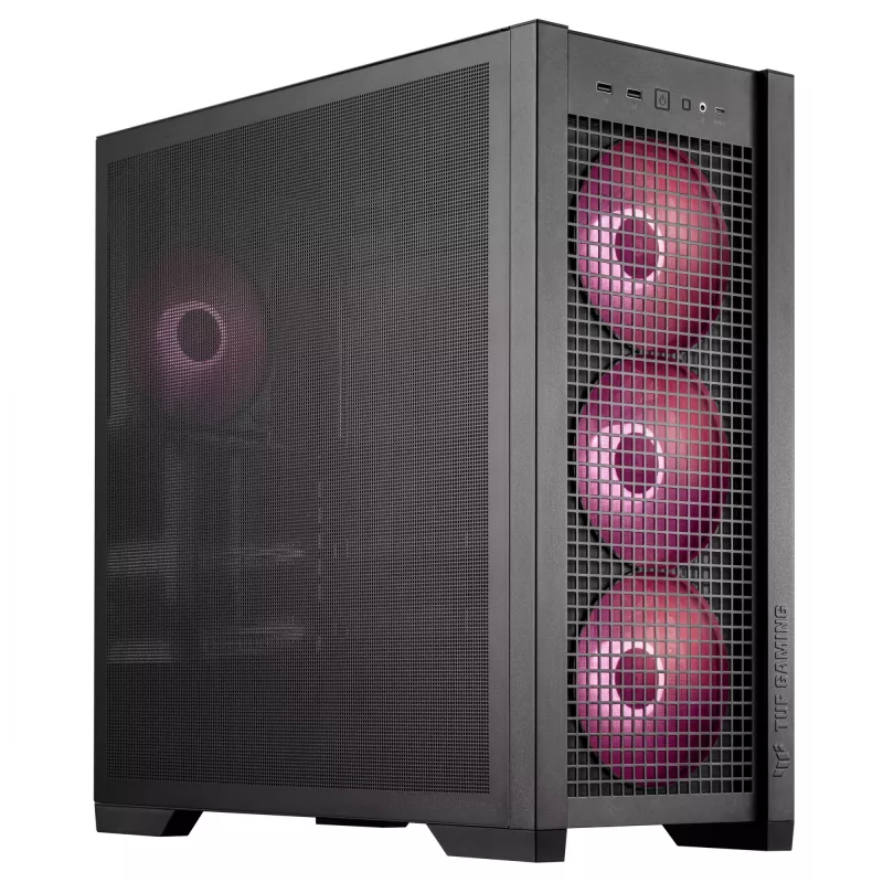 PC-Gehäuse ASUS TUF Gaming GT302 ARGB Midi Tower Schwarz — Hartglas, 3x140mm Front + 1x140mm Rückseite, USB-C