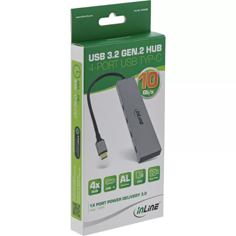 InLine USB 3.2 Gen.2 Hub (10 Gb/s), 4 Port USB-C, OTG, Aluminiumgehäuse