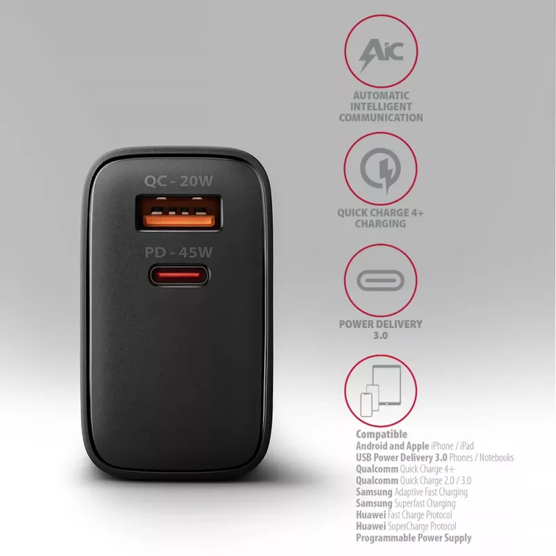 Ladegerät Axagon ACU-PQ45 QC 3.0 4.0 AFC FCP PPS PD 45W Schwarz