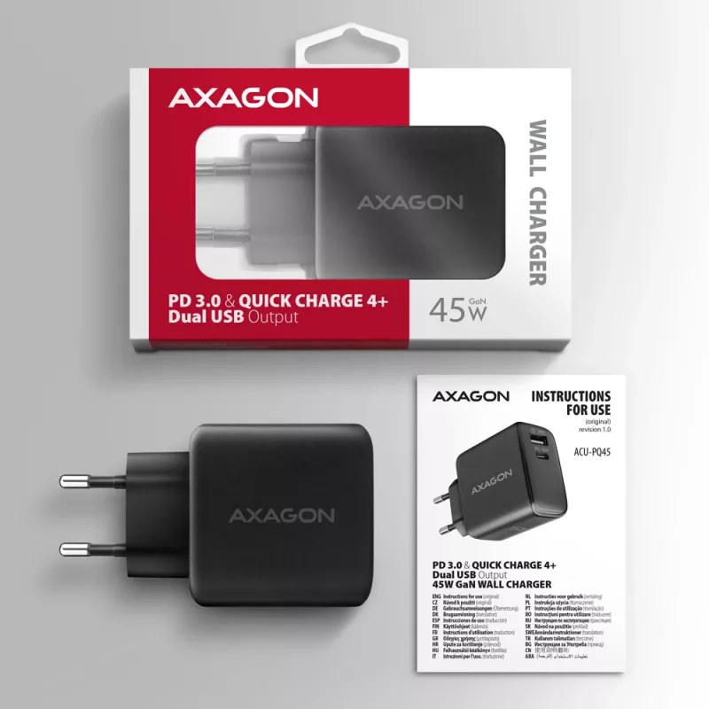 Ladegerät Axagon ACU-PQ45 QC 3.0 4.0 AFC FCP PPS PD 45W Schwarz