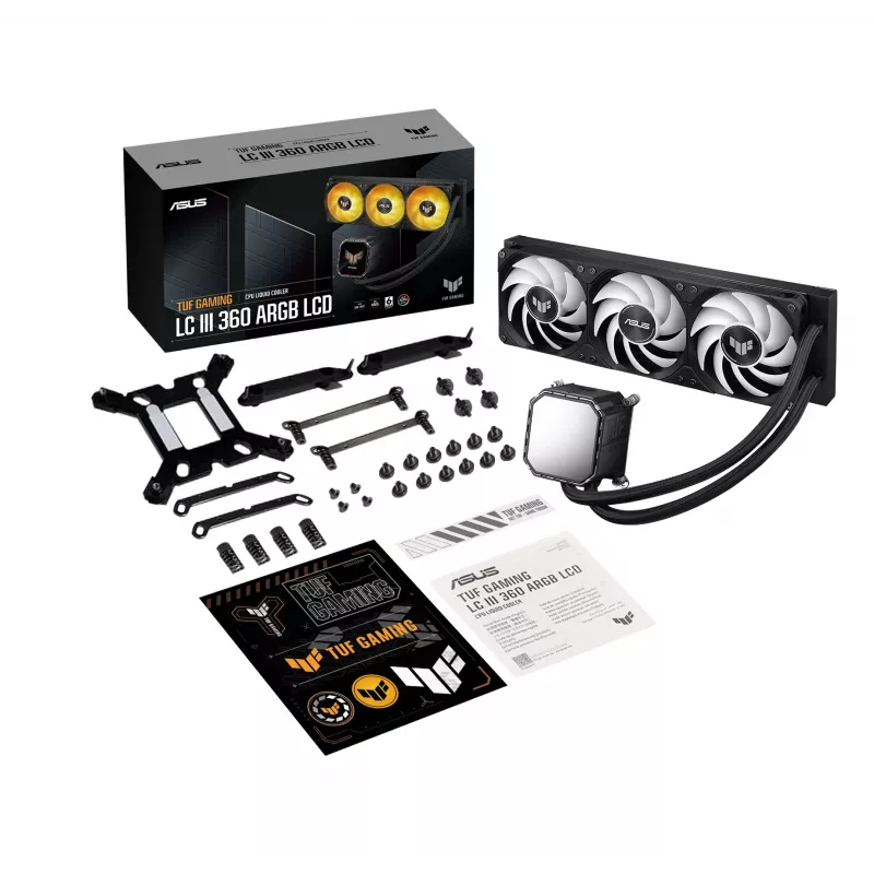 All-in-One-Flüssigkeitskühler ASUS TUF Gaming LC III 360 ARGB LCD — 360-mm-Radiator, 3x 120-mm-Lüfter, Sockel AM5/AM4/LGA1700/LGA1200, Schwarz
