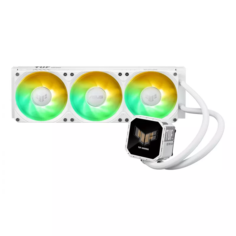 All-in-One-Flüssigkeitskühler ASUS TUF Gaming LC III 360 ARGB LCD White Edition – 360-mm-Radiator, 3 × 120-mm-PWM-Lüfter, LCD-Anzeige, Weiß