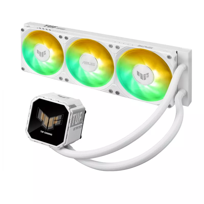 All-in-One-Flüssigkeitskühler ASUS TUF Gaming LC III 360 ARGB LCD White Edition – 360-mm-Radiator, 3 × 120-mm-PWM-Lüfter, LCD-Anzeige, Weiß