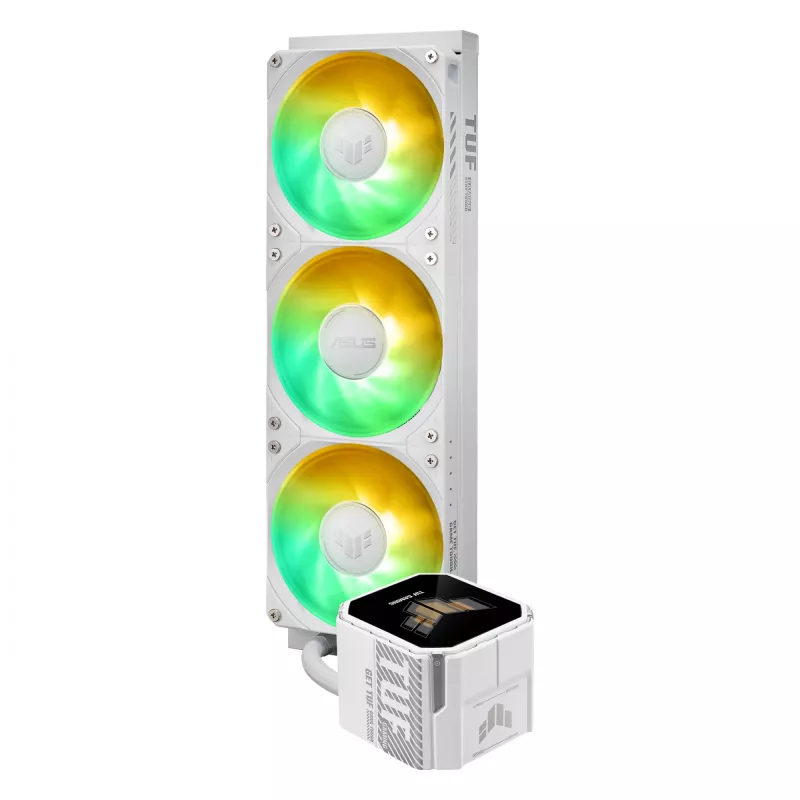 All-in-One-Flüssigkeitskühler ASUS TUF Gaming LC III 360 ARGB LCD White Edition – 360-mm-Radiator, 3 × 120-mm-PWM-Lüfter, LCD-Anzeige, Weiß