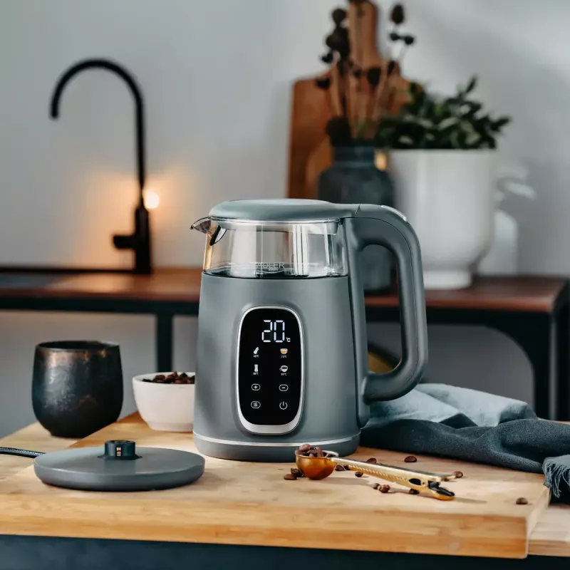 Elektrischer Wasserkocher Adler AD 1305 G — 1,7 L, 2200 W, regelbarer Thermostat, LED-Anzeige, grau