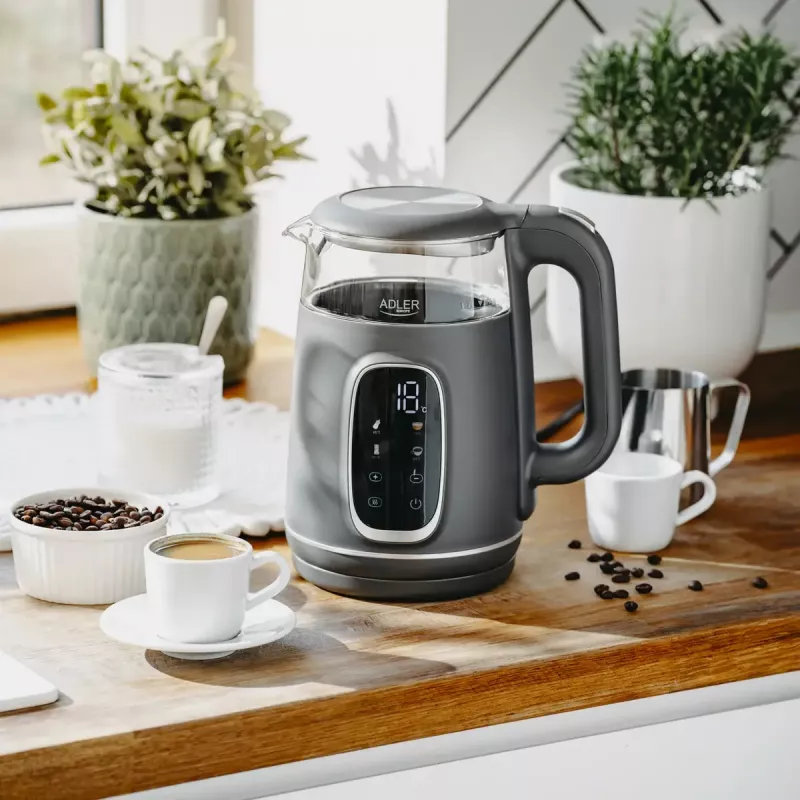 Elektrischer Wasserkocher Adler AD 1305 G — 1,7 L, 2200 W, regelbarer Thermostat, LED-Anzeige, grau