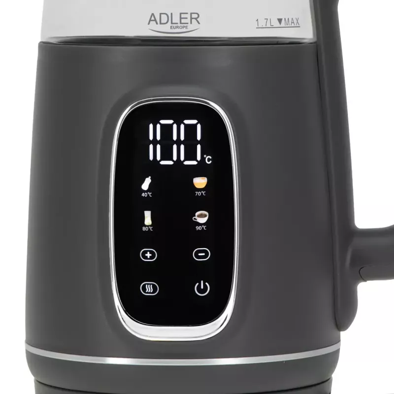 Elektrischer Wasserkocher Adler AD 1305 G — 1,7 L, 2200 W, regelbarer Thermostat, LED-Anzeige, grau