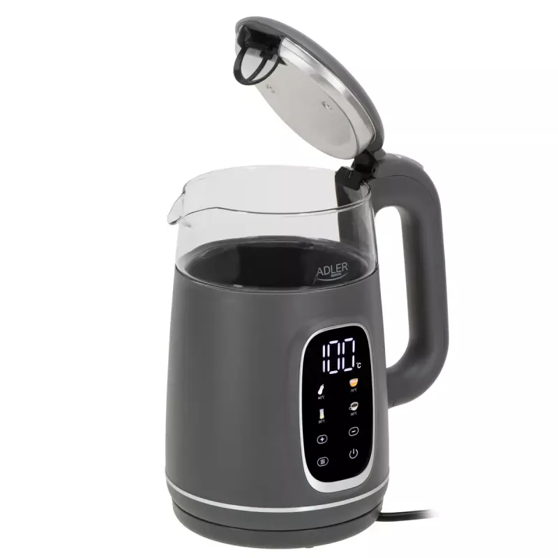 Elektrischer Wasserkocher Adler AD 1305 G — 1,7 L, 2200 W, regelbarer Thermostat, LED-Anzeige, grau