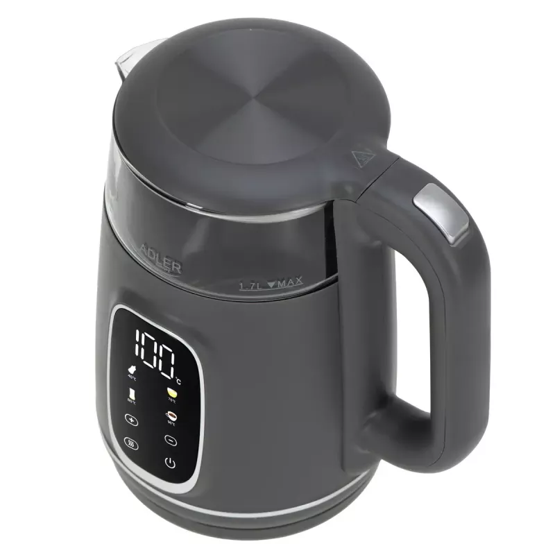 Elektrischer Wasserkocher Adler AD 1305 G — 1,7 L, 2200 W, regelbarer Thermostat, LED-Anzeige, grau