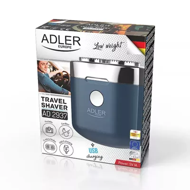 Rotationsrasierer Adler AD 2937, 2 rotierende Köpfe, wiederaufladbarer Li-Ion 250 mAh, waschbar, kabellos, blau