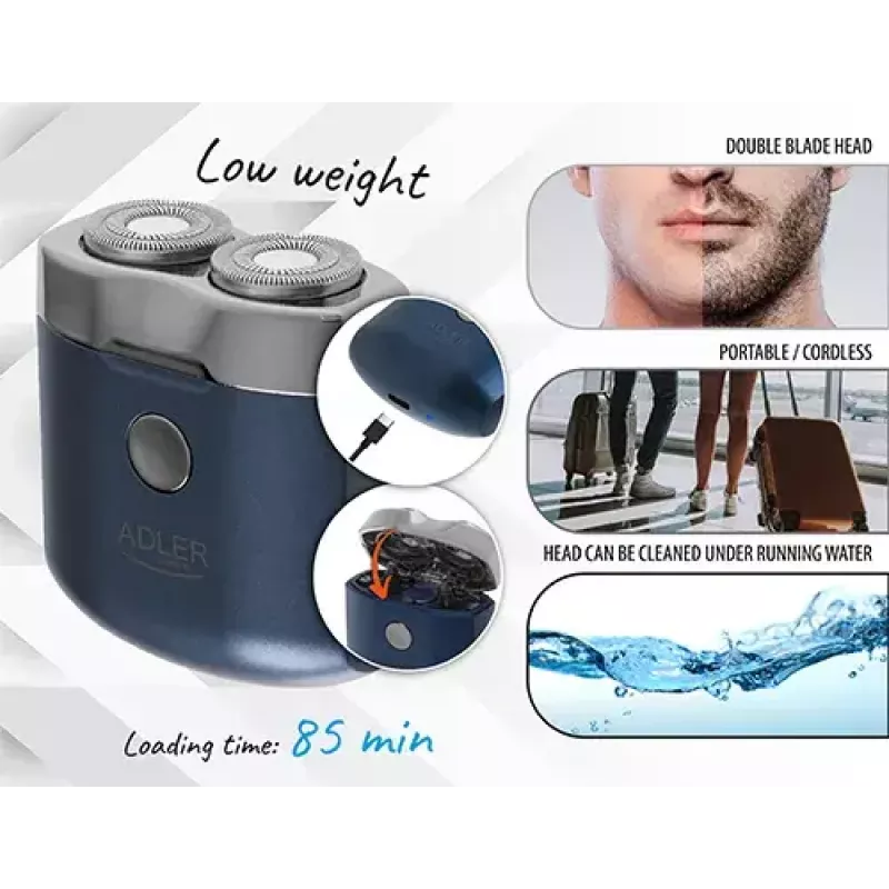 Rotationsrasierer Adler AD 2937, 2 rotierende Köpfe, wiederaufladbarer Li-Ion 250 mAh, waschbar, kabellos, blau