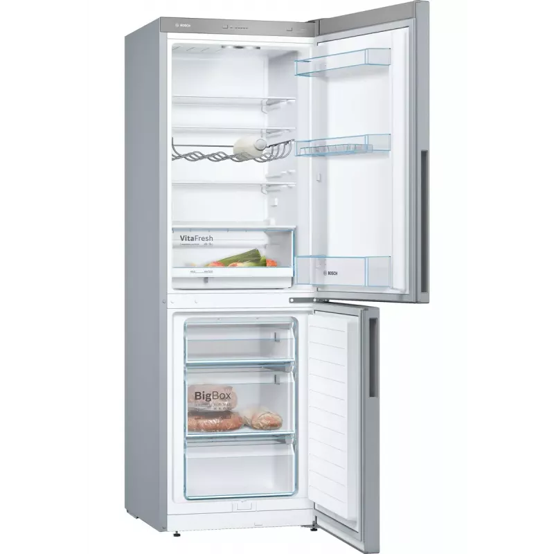Kühl-Gefrierkombination Bosch Serie 4 KGV33VLEA — Freistehend, Edelstahl, 289 l Gesamtvolumen (195 l Kühlteil / 94 l Gefrierteil), Klasse E, 176 cm