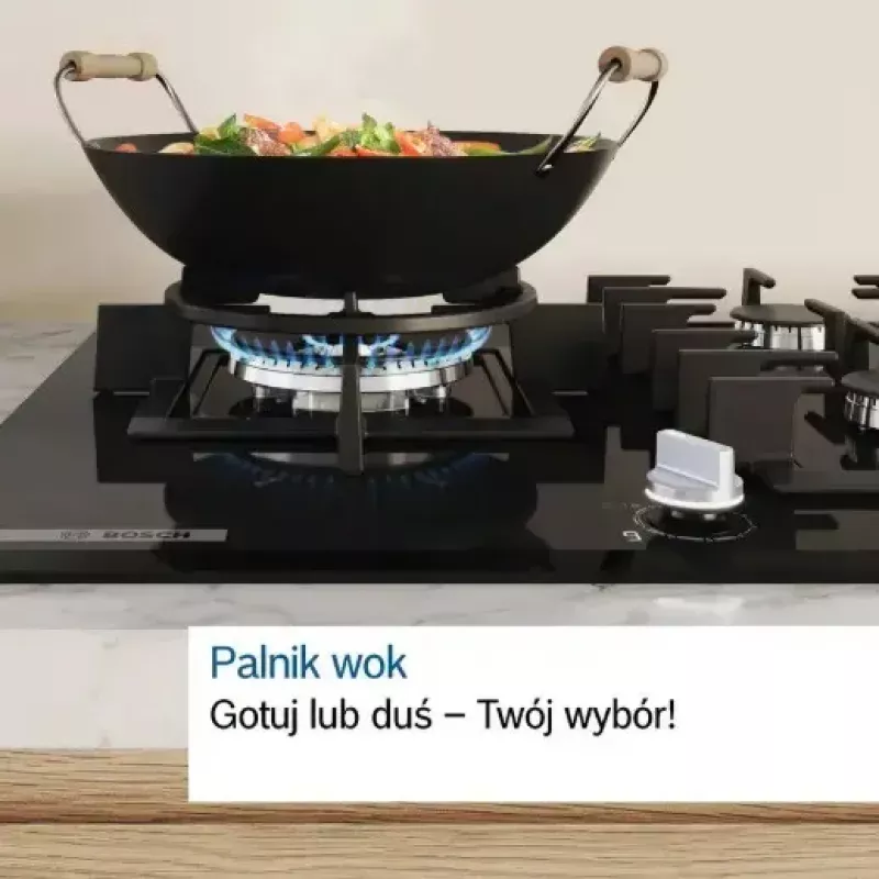 Einbau-Gaskochfeld Bosch PCH6A5I90 — 60 cm, Edelstahl, 4 Gaszonen + 1 Wok, Flame Select, Gusseisen-Topfhalter