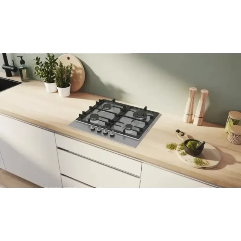Einbau-Gaskochfeld Bosch PCH6A5I90 — 60 cm, Edelstahl, 4 Gaszonen + 1 Wok, Flame Select, Gusseisen-Topfhalter