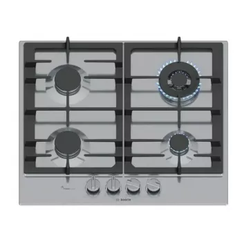 Einbau-Gaskochfeld Bosch PCH6A5I90 — 60 cm, Edelstahl, 4 Gaszonen + 1 Wok, Flame Select, Gusseisen-Topfhalter