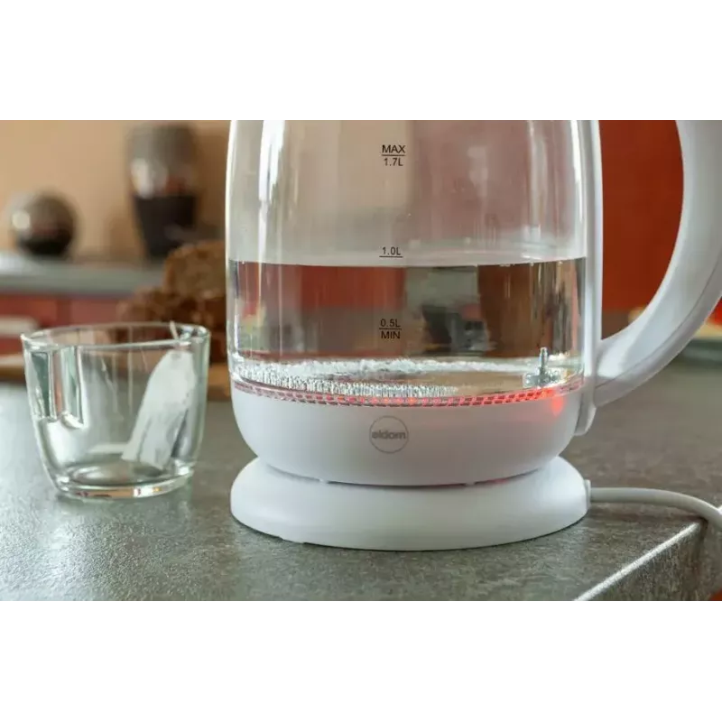Elektrischer Wasserkocher Eldom C510B 1,7 L 2200 W Weiß – Gehäuse aus Glas und Kunststoff, Knopfdeckel, kabellose 360°-Basis