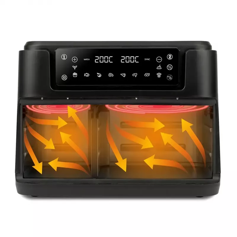 Heißluftfritteuse Girmi FG26, Doppelkorb-Tischfritteuse, 9 l gesamt (5,5 l + 3,5 l), 2400 W, 10 Programme, bis 200 °C
