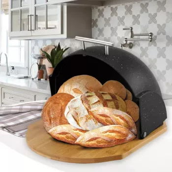 Brotdose Maestro MR-1678G-Schwarz – ovaler Brotaufbewahrungsbehälter, Kunststoff mit Bambusdeckel, 350×200×250 mm