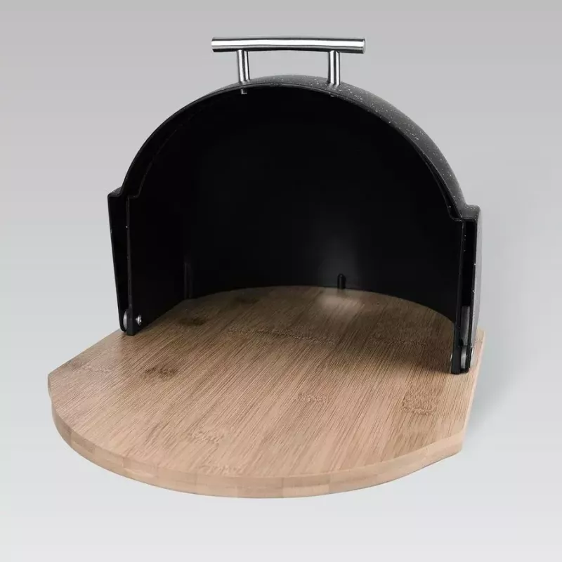 Brotdose Maestro MR-1678G-Schwarz – ovaler Brotaufbewahrungsbehälter, Kunststoff mit Bambusdeckel, 350×200×250 mm