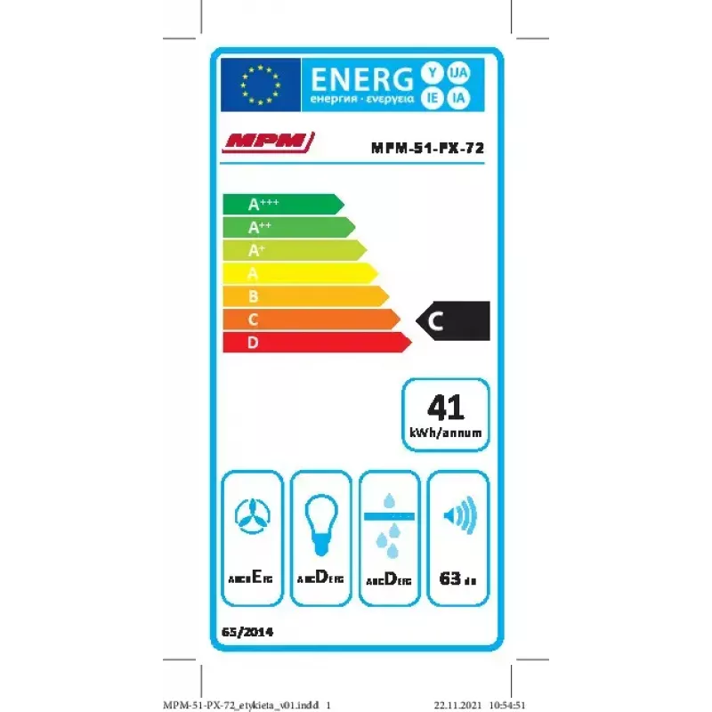 Unterbau-Dunstabzugshaube MPM MPM-51-PX-72 Schwarz, 500 mm, 175 m³/h, 3 Geschwindigkeiten, Aluminium-Fettfilter