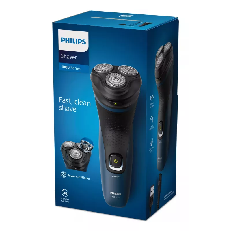 Elektrischer Herrenrasierer Philips S1151/00 Rotation 3-fach Scherkopf, NiMH-Akku, nass & trocken, 40 Min. Laufzeit, schwarz/blau