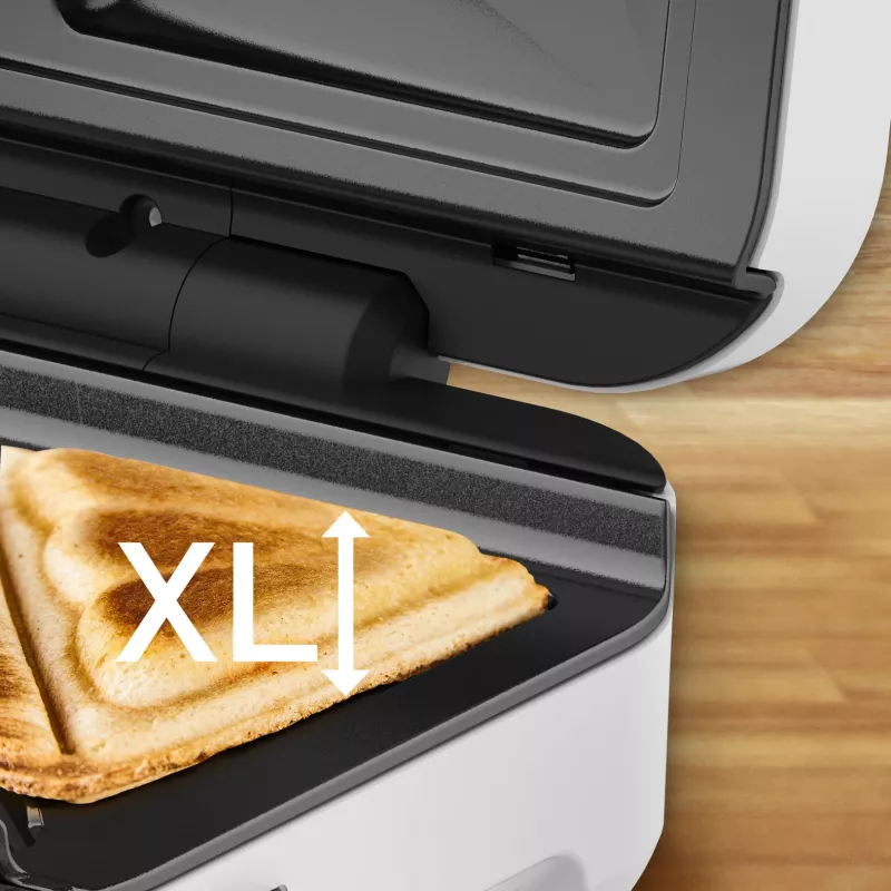 Sandwichtoaster Tefal SW7011 — 850 W, Edelstahl und Weiß, kompakt 238×276×98 mm