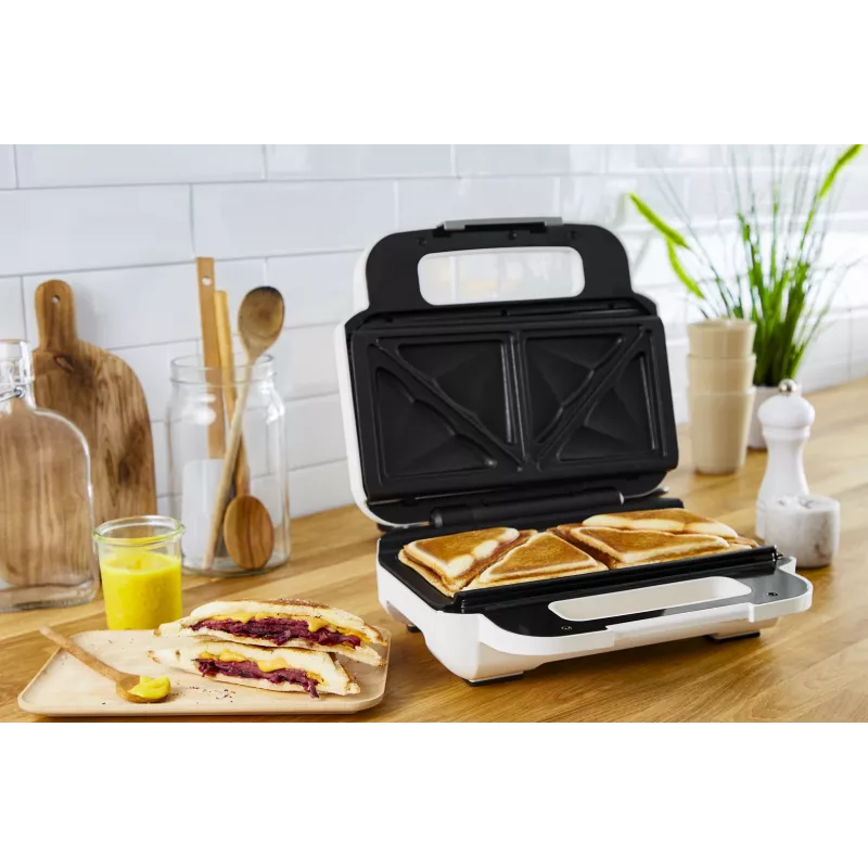 Sandwichtoaster Tefal SW7011 — 850 W, Edelstahl und Weiß, kompakt 238×276×98 mm