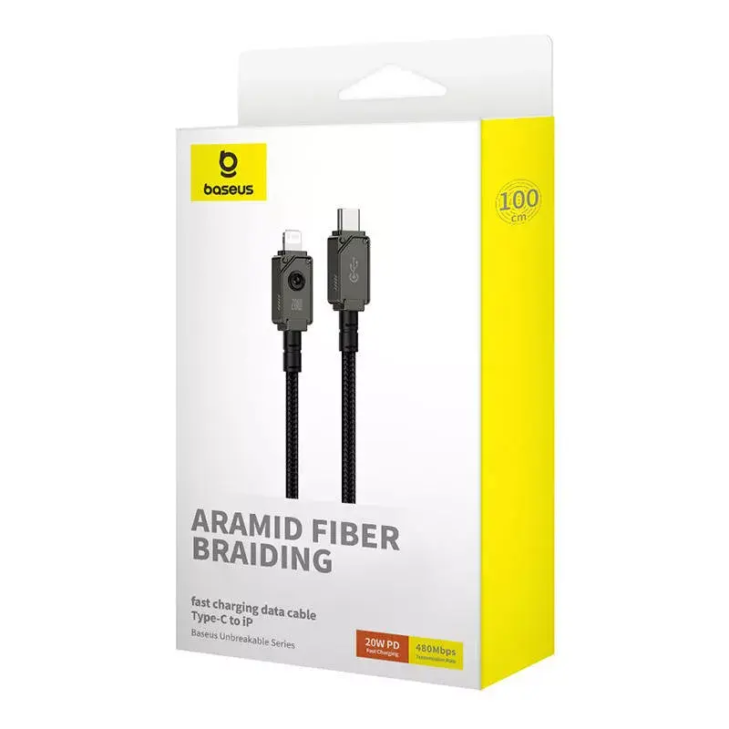 USB-C-auf-Lightning-Kabel Baseus Unbreakable 1m 20W – Aramidfaser, 480 Mbit/s, Schwarz