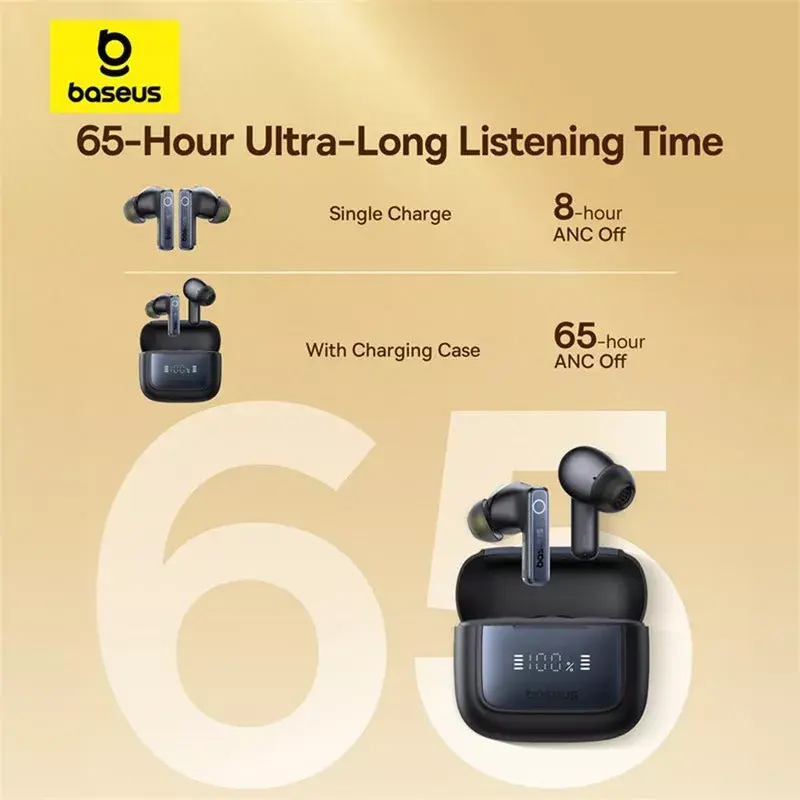 True Wireless In-Ear-Kopfhörer Baseus 35 True — Bluetooth 5.3, ANC, 8 h Wiedergabe (ANC aus), 65 h mit Ladehülle, 800 mAh Ladehülle, USB-C, schwarz